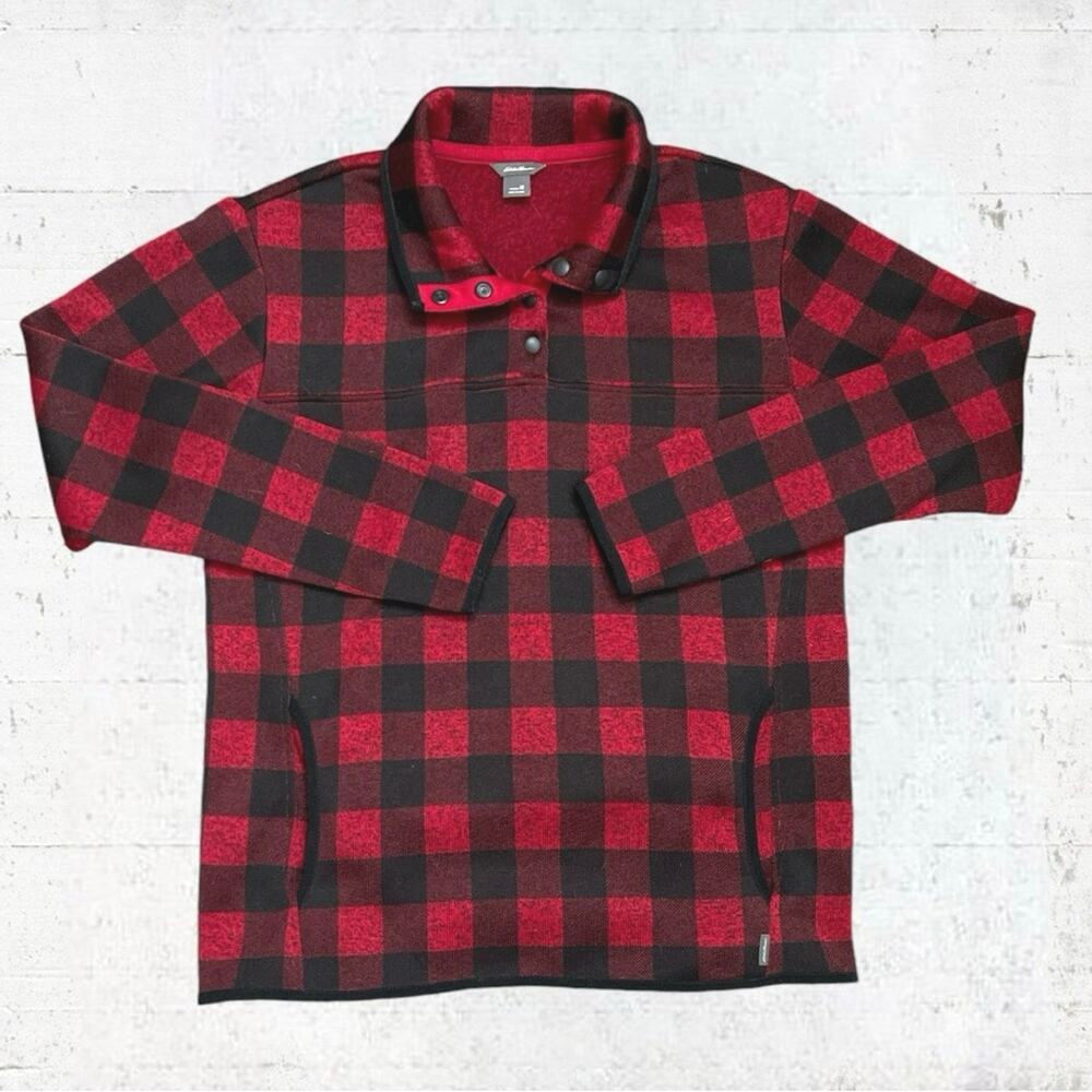 Eddie Bauer Women Buffalo Plaid 1/4 Snap Sweater Fleece Medium Cabincore Granola